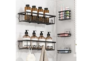 5 Pack Adhesive Bathroom Holders & Dispensers for Kids & Adults, Black | Large Capacity No-Drilling Rustproof Shower Caddy Sh