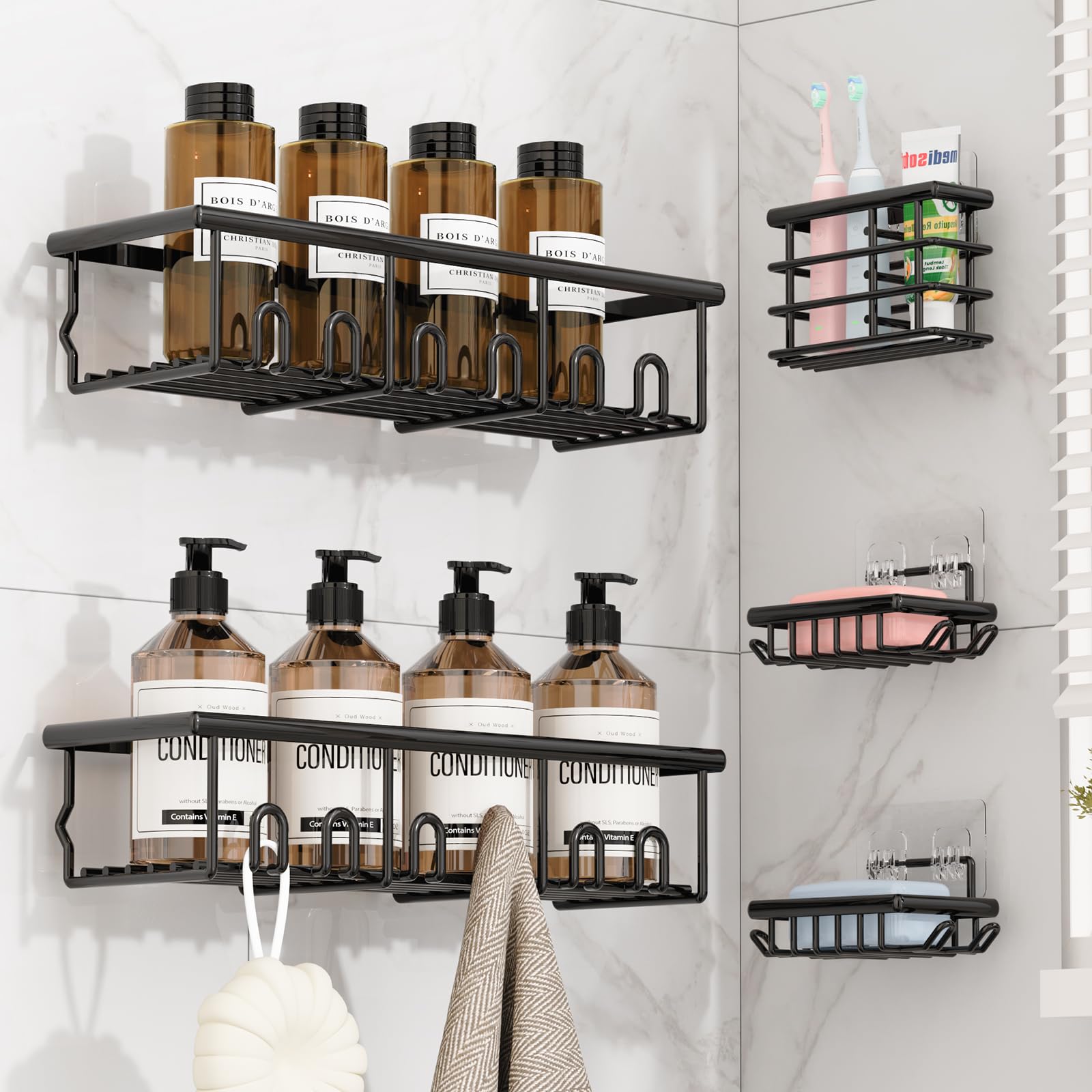 5 Pack Adhesive Bathroom Holders & Dispensers for Kids & Adults, Black | Large Capacity No-Drilling Rustproof Shower Caddy Shelves…