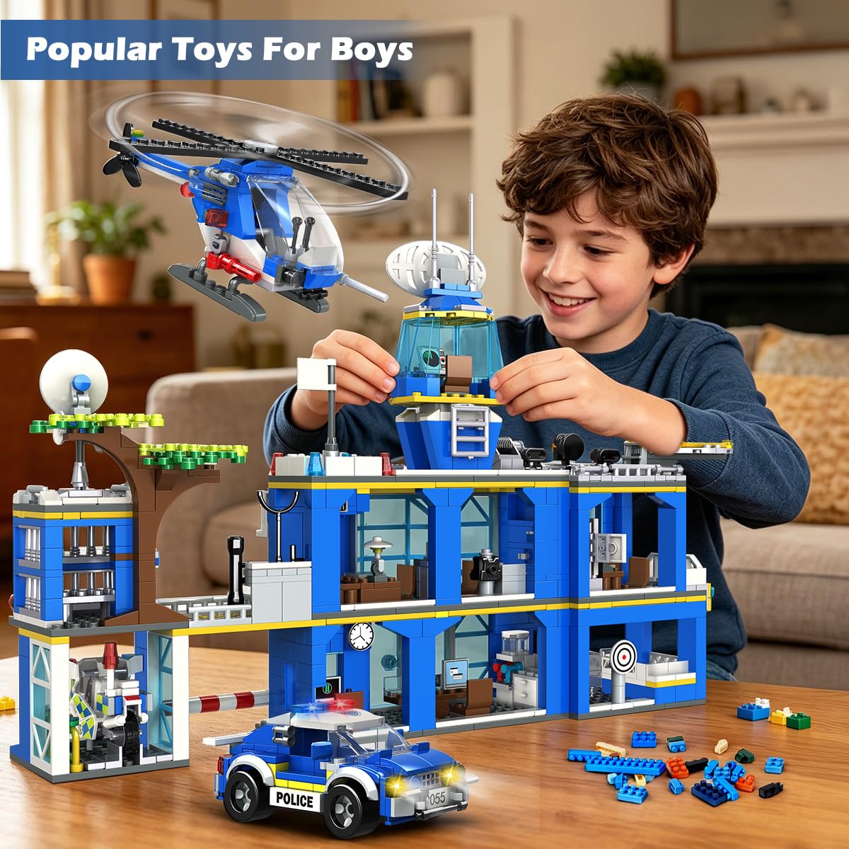 HOGOKIDS Polizeistation Bausatz – City-Polizei Baustein-Spielzeug für Jungen mit Hubschrauber, Motorrad, Auto Pädagogisches Konstruktionsspielzeug Kreativ-Geschenk für Kinder Jungen ab 6-10+ Jahren 5