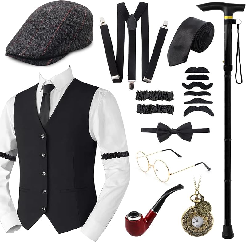 Okabay 17PCS 1920s Gatsby Mens Costume Set Vest Hat Crutches Pocket Watch Tie