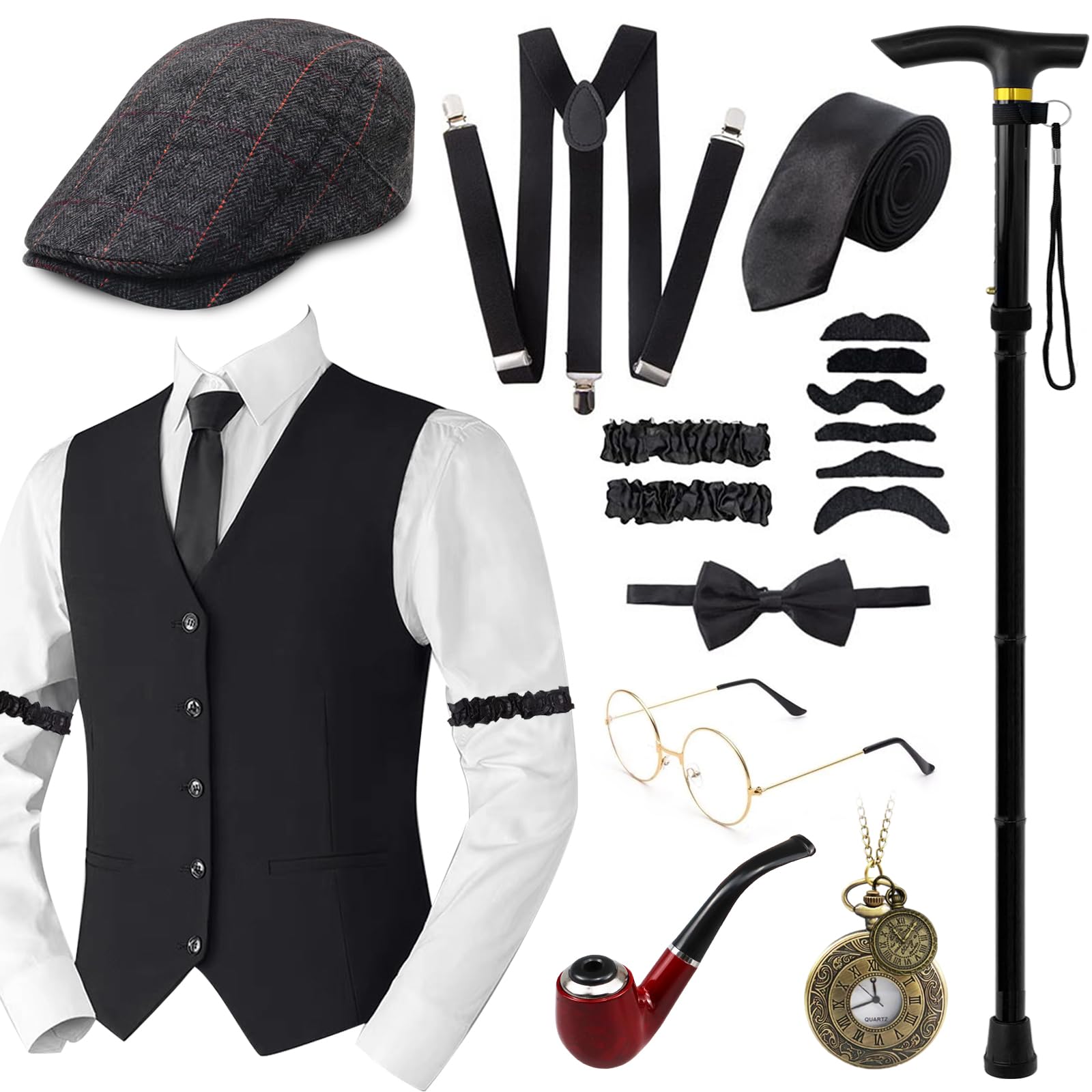 17PCS 1920s Gatsby Costume for Men,1920s Men Fancy Dress Vest Accessories Set,Retro Gangster Costume Kit with Waistcoat Hat Foldable Metal Crutches Suspenders Mustache Pocket Watch Pipe Glasses Tie