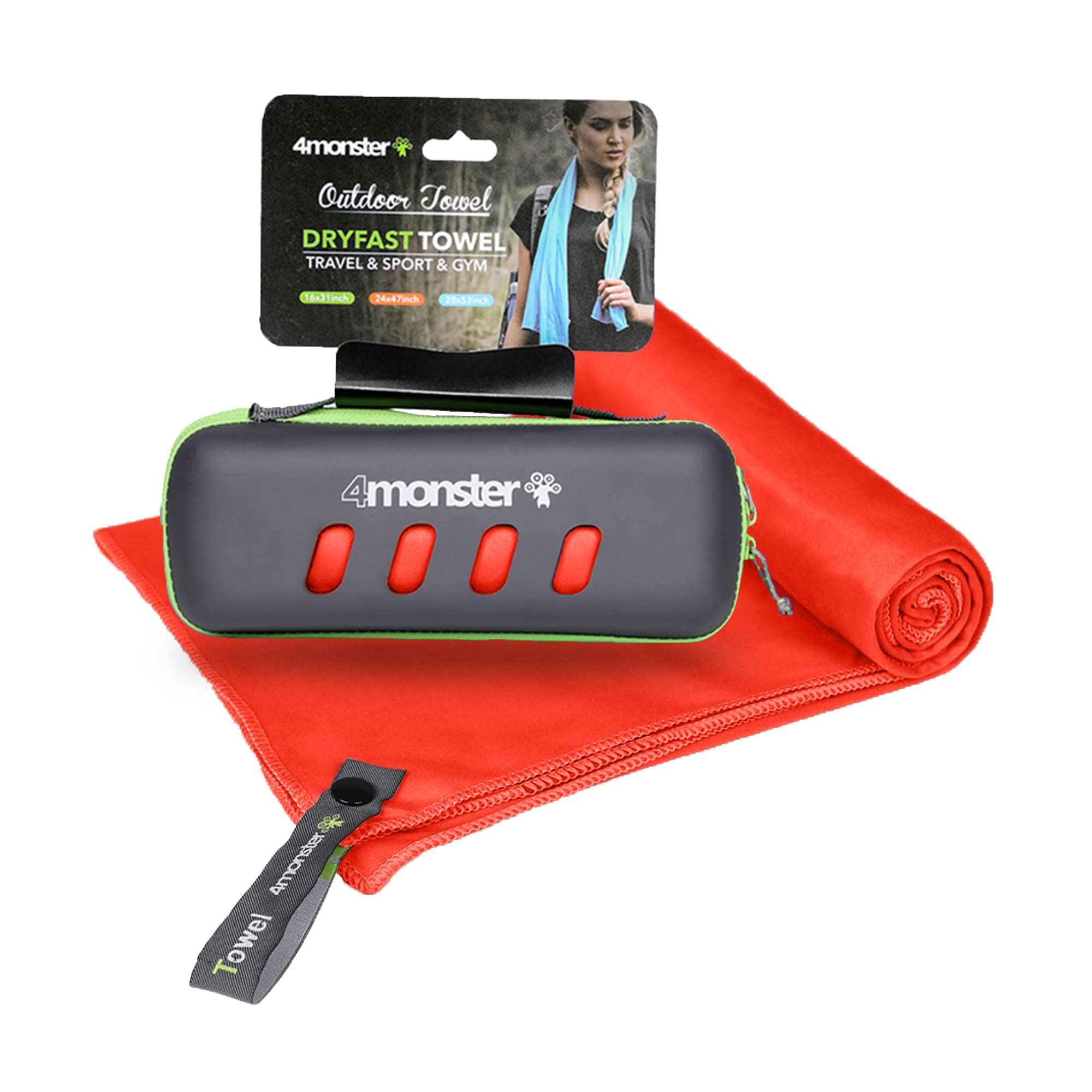 4Monster Microfiber Towel with Carry Case, Super Absorbent Travel Towel, Quick Dry Towel, Camping Towel, Great for Gym, Beach, Swimming, Backpacking and More