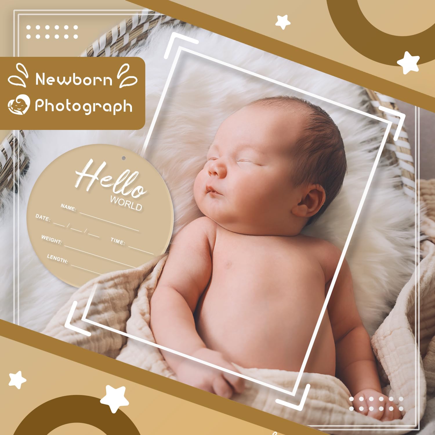 Baby Announcement Sign, 6.7 Inch Hello World Newborn Sign, Thickness Upgrade Birth Announcement Sign for Hospital, Nursery Baby Shower (Cream)