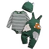 FOCICI Baby Boy Clothes Newborn Striped Romper Fall Outfits + Infant Cartoon Suspender Overall + Cute Hat 3 Pcs 0-18 Months