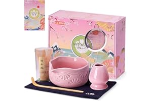 JUL WIND Matcha Whisk Set, Ceramic Matcha Set Includes Matcha Bowl with Spout, Matcha Whisk and Holder, Bamboo Scoop, Sifter and Tea Towel - 6 Pcs Matcha Kit Gift for Matcha Lovers (Pink)