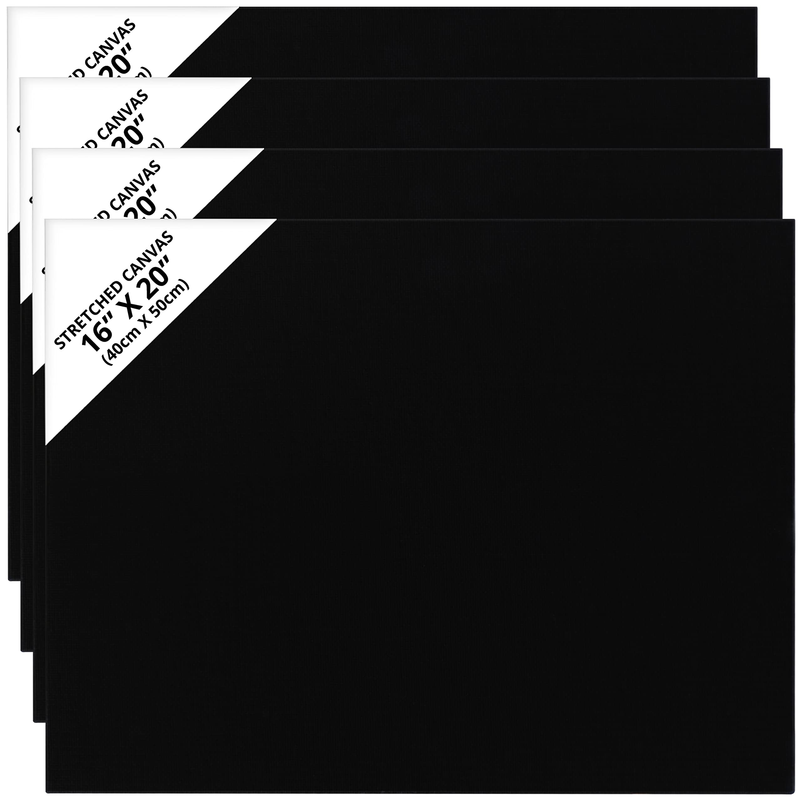 Belle Vous 4 Pack Blank Black Canvas - 40 x 50cm (16 x 20 inches) - Pre Stretched Canvas Panel Boards - Suitable for Acrylic and Oil Painting Also for Sketching and Drawing