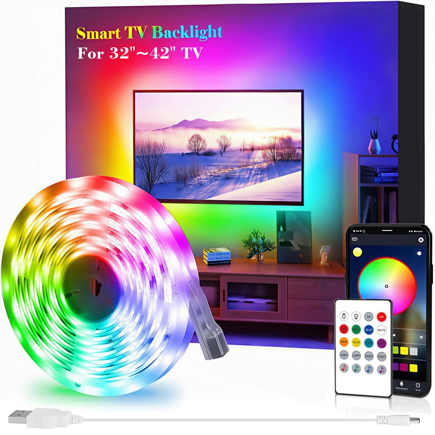 SANSUN LED Strip Lights for TV, USB TV Backlight Kit with Remote, APP Control Sync to Music, 5050 RGB Smart LED Bias Lighting for HDTV (2m for 32"-42" TV)