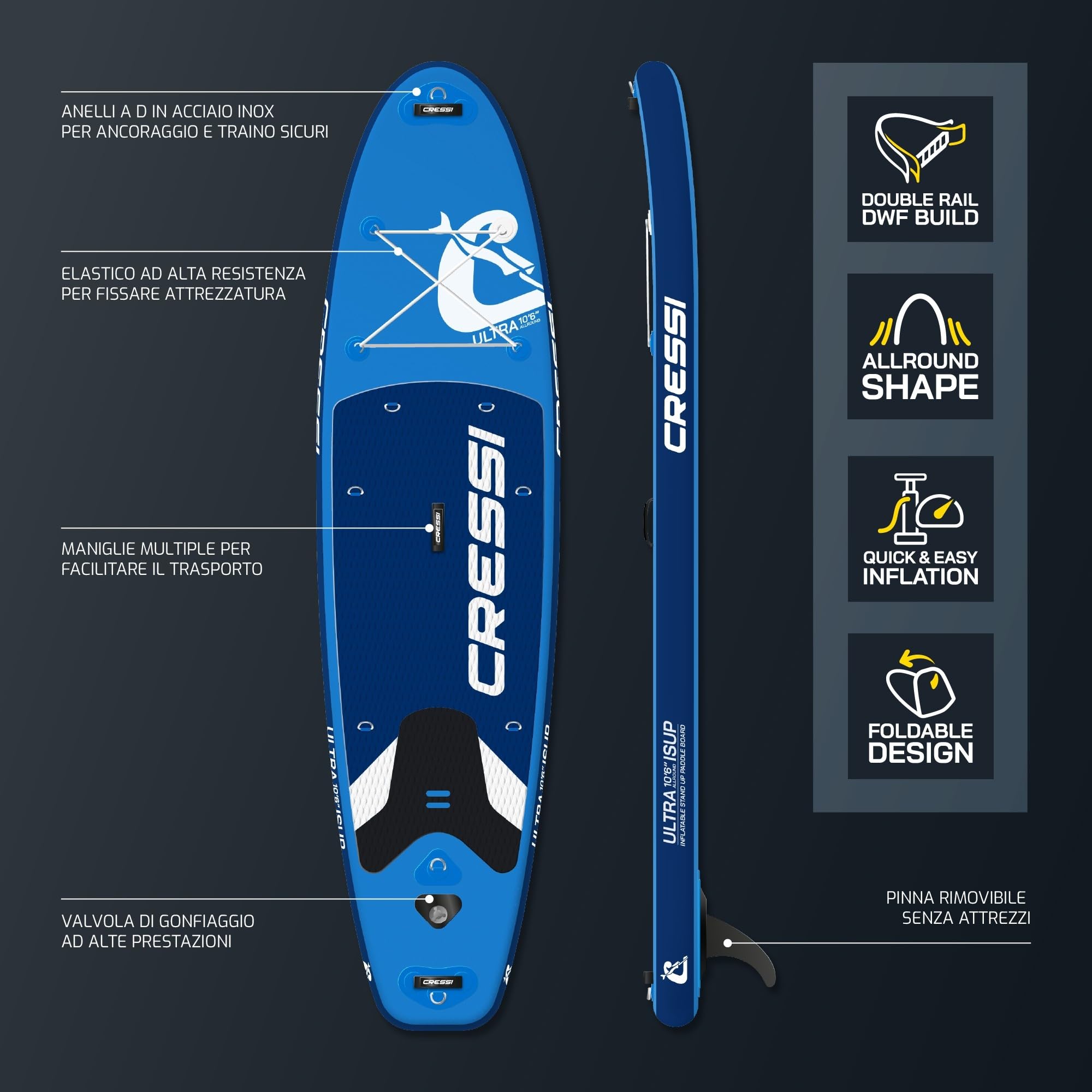 CRESSI seit 1946 - Ultra Isup Set - Aufblasbares SUP Board für Erwachsene Große Stabilität Strapazierfähigkeit Komplett Zubehör Paddel Flosse Pumpe Leine Tasche-Hellblau_320x81x15 cm Max 130 kg 3