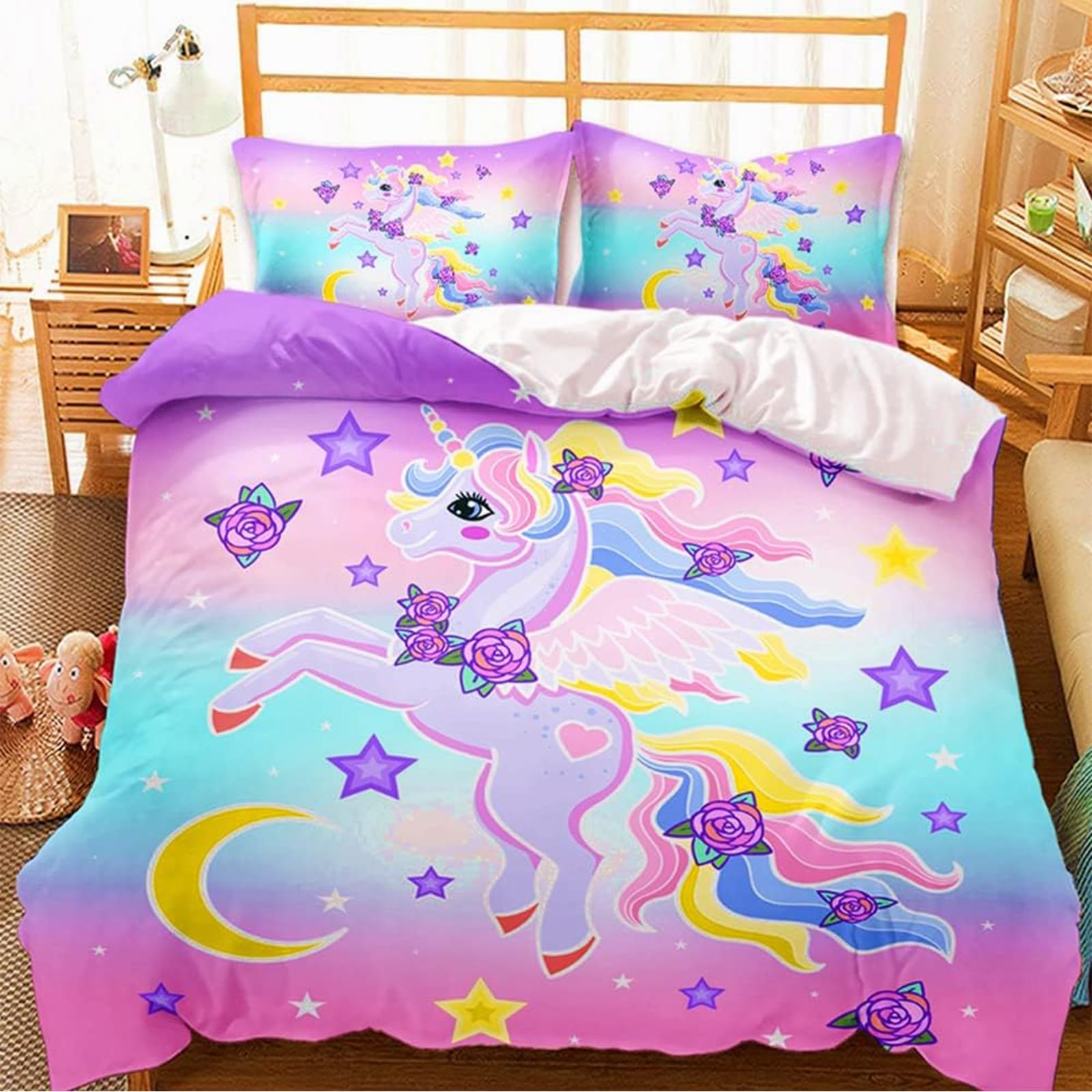 AOXHFNV Unicorn Girls Pink Bed Linen Set 135 x 200 cm Cute Star Moon Pattern Duvet Cover Unicorn Bedding for Children,Boys and Girls (Pink, 220 x 240 cm)