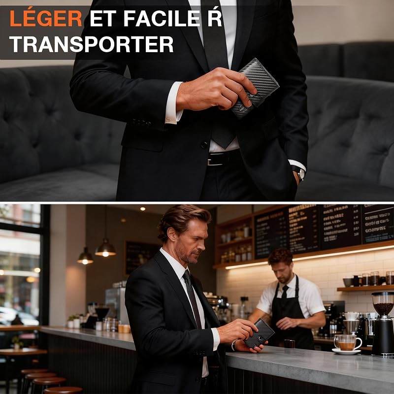 Portefeuille Homme en Fibre de Carbone | Portefeuilles avec Compartiment à Billets & Monnaie | Porte Carte Bancaire Homme avec Blocage RFID | Porte-Cartes de Crédit Bancaire Anti (Noir- Orange)
