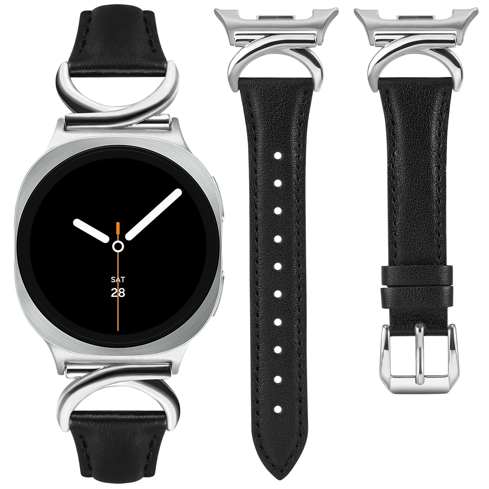 Minyee Leather Band Compatible with Samsung Galaxy Watch 8 40mm 44mm/ 8 Classic 46mm Bands, No Gap One-Click Slim Thin Dressy Leather Designer Strap with C-Shape Metal Buckle Women, Black/Silver