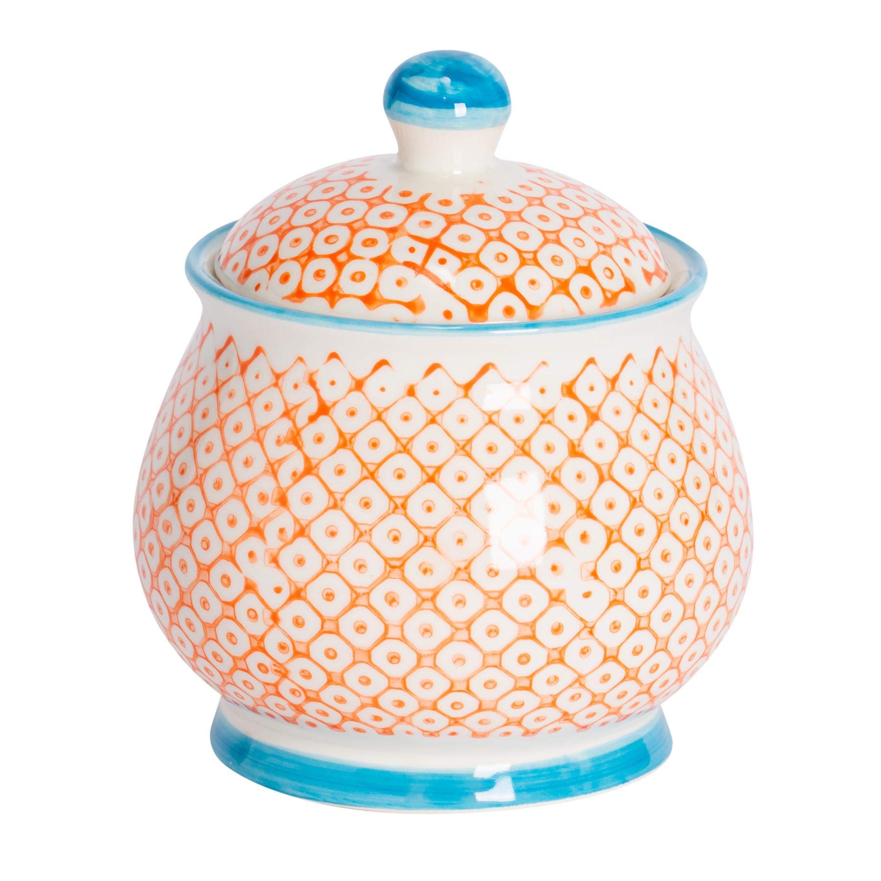 Nicola Spring Patterned Sugar Bowl with Lid - Orange - Pack of 1 - Porcelain Hand Printed Sugar Pot China Kitchen Salt Jar Seasoning Spice Storage Container