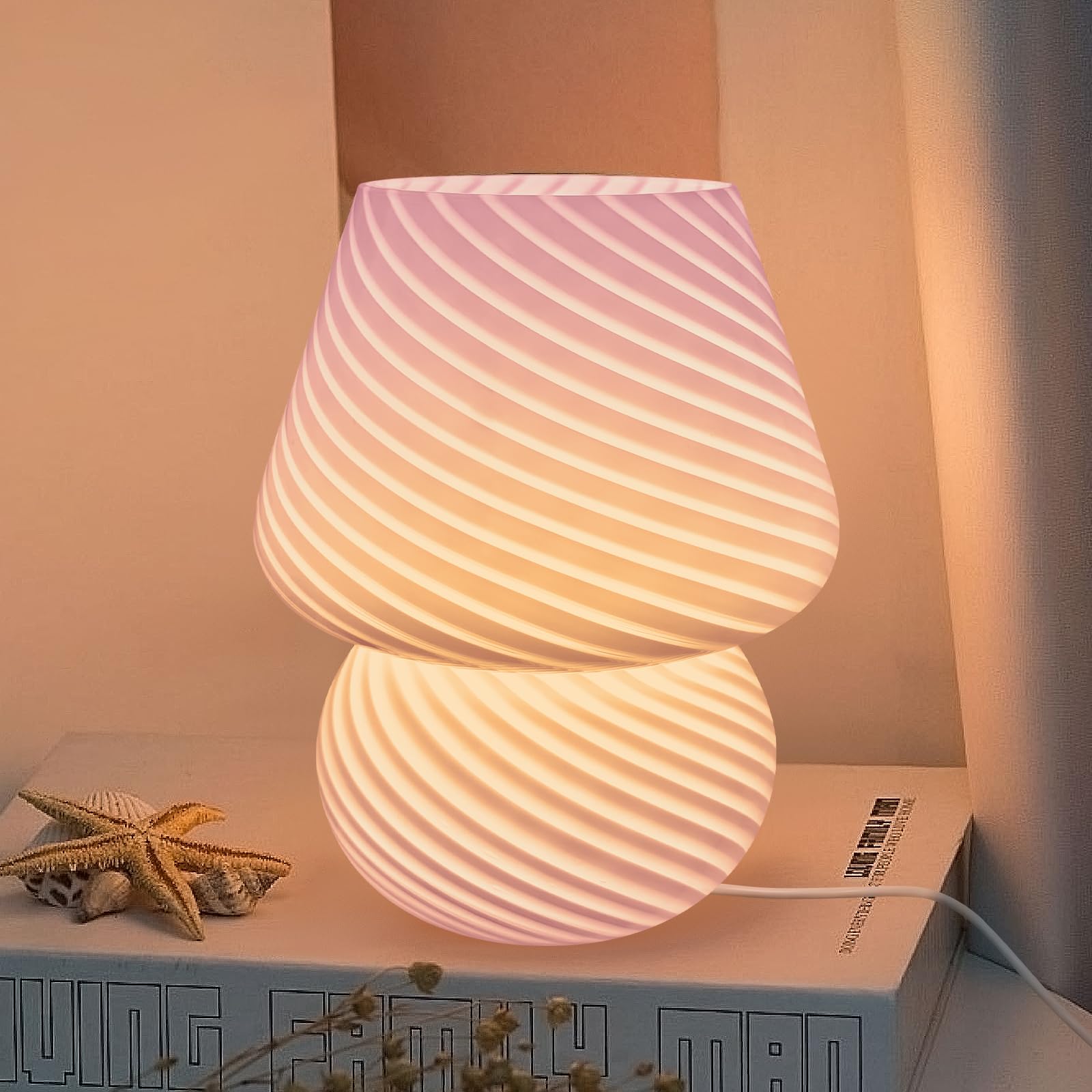 HONPHIER Mushroom Table Lamps Glass Bedside Lamp Dimmable Night Lights Indoor, Desk Lamp with Remote Control Decorative Light for Bedroom, Living Room, Cafe (Pink)