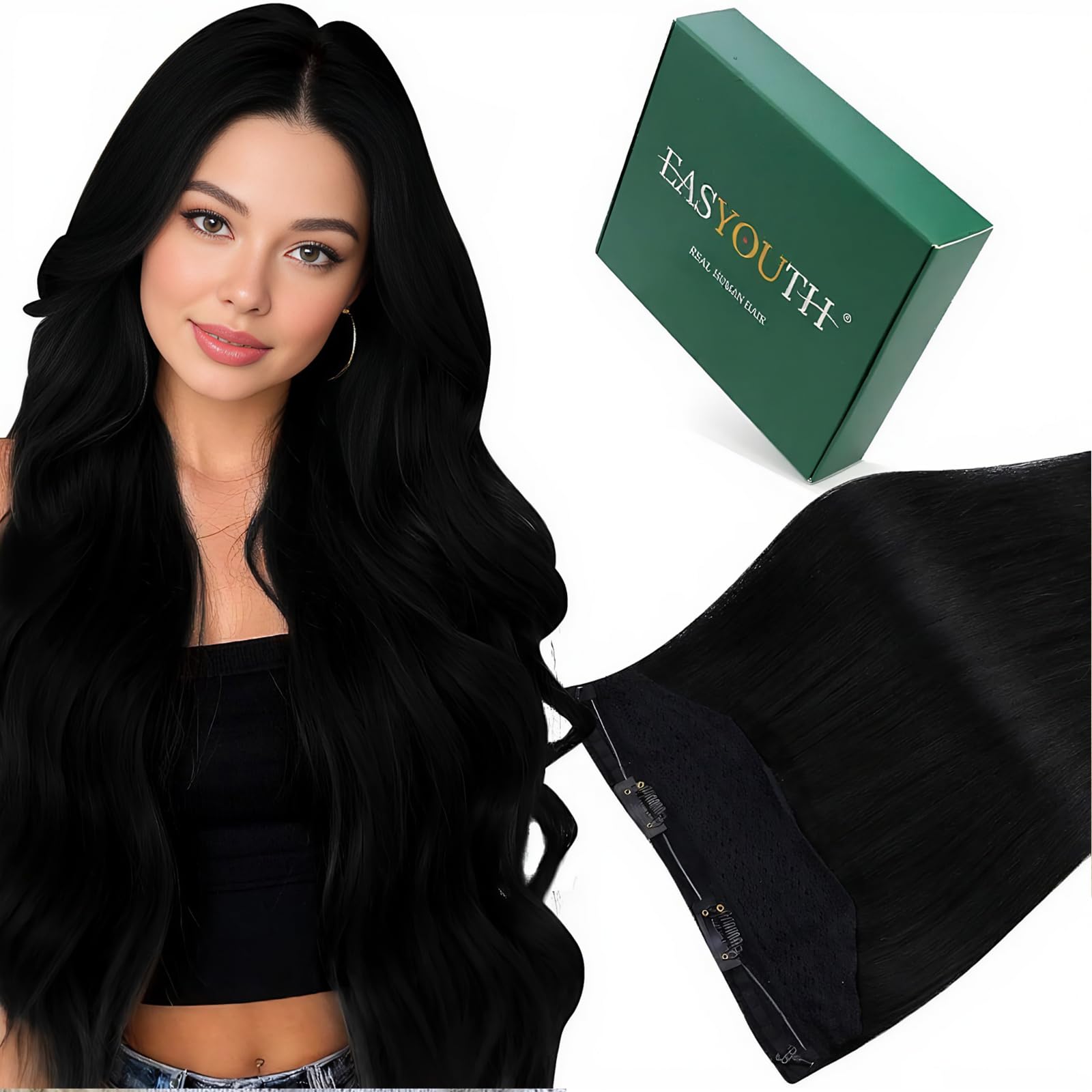 Easyouth Wire Hair Extensions Human Hair Black Secret Wire Extension Real Hair Jet Black Invisible Fish Line Hair Extensions Human Hair for Short 12Inch 70g #1 โ image 1