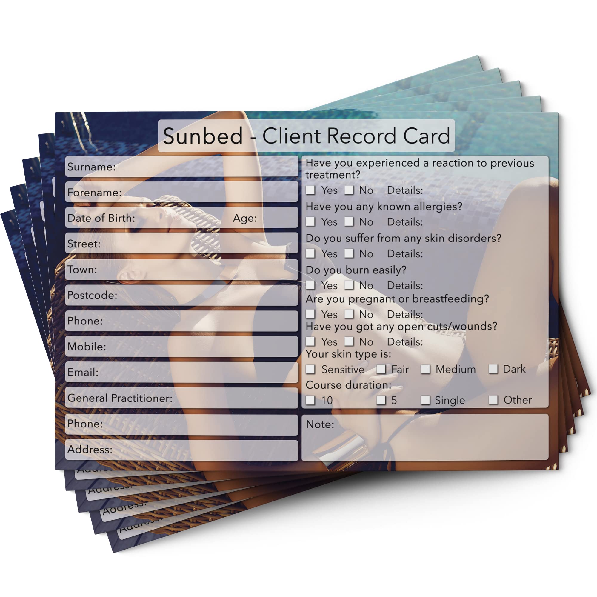 Sunbed Client Cards A6 Size - Salon and Therapist Customer Consultation Record - Treatment Services Essentials - Profile and Recording Forms - Beauty Stationery - 210x297mm - Pack of 50