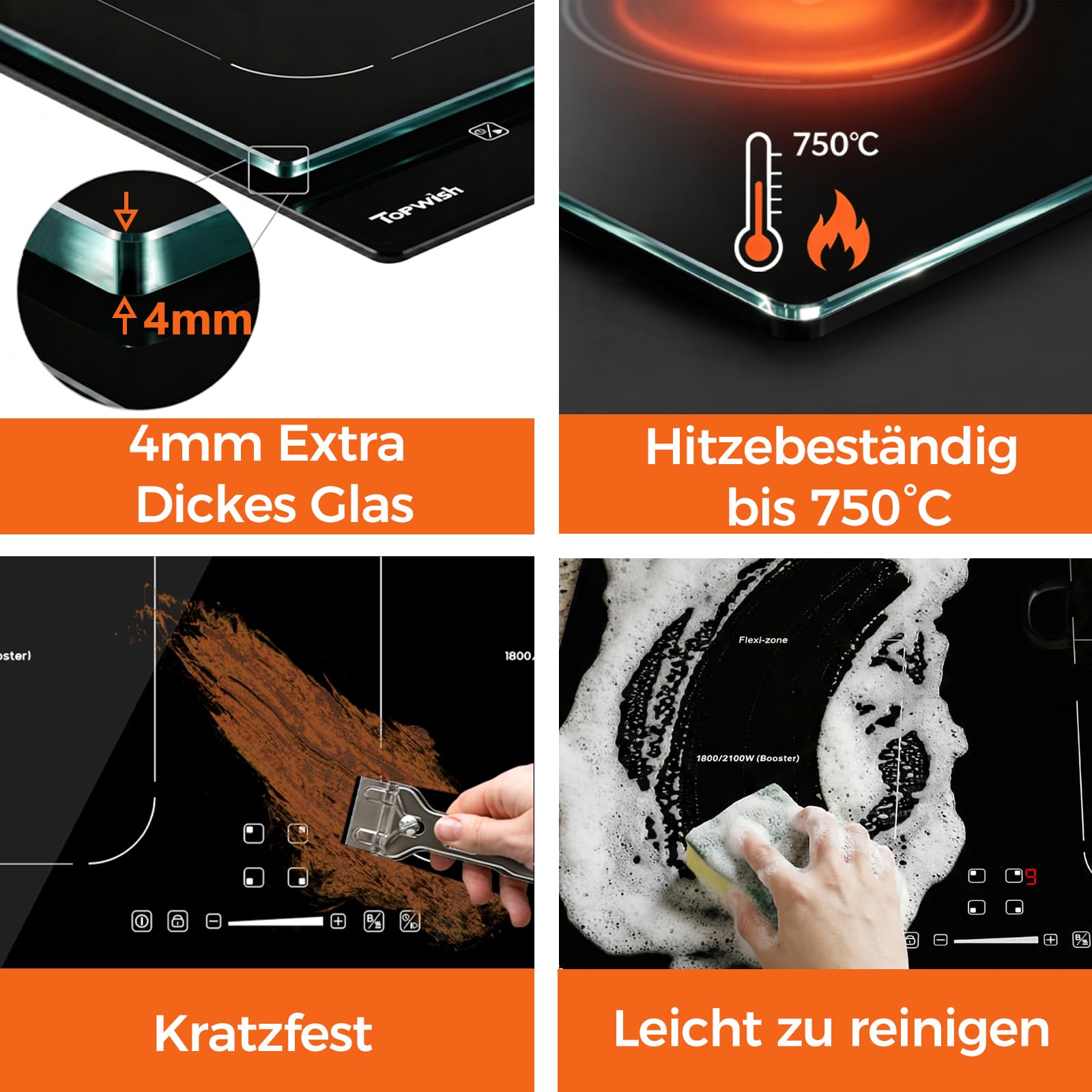 Topwish Induktionskochfeld 4 platten mit Flexzonen, Induktionskochfeld einbau 60cm,herdplatte 4 kochfelder mit Boost-Funktion, Timer, Kindersicherung, Überhitzungsschutz und Warmhalten,7200W 7