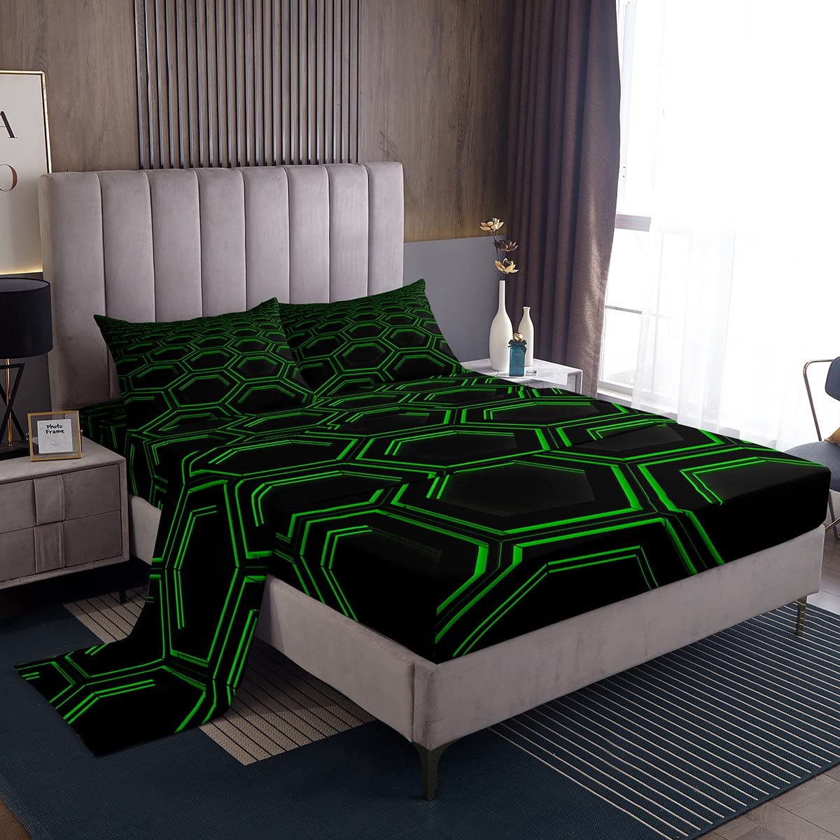 Green Honeycomb Bedding Duvet Cover Set Hexagonal Bedding Set for Kids Boys Girls Geometrical Decor Comforter Cover Set Microfiber Beehive Bedding Set Bedroom Green Bed Set Double