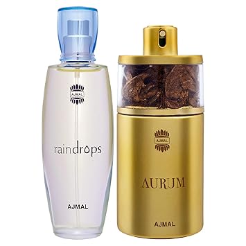 Ajmal Raindrops EDP Floral Chypre Perfume 50ml for Women and Aurum EDP Fruity Floral Perfume 75ml for Women + 2 Parfum Testers FREE