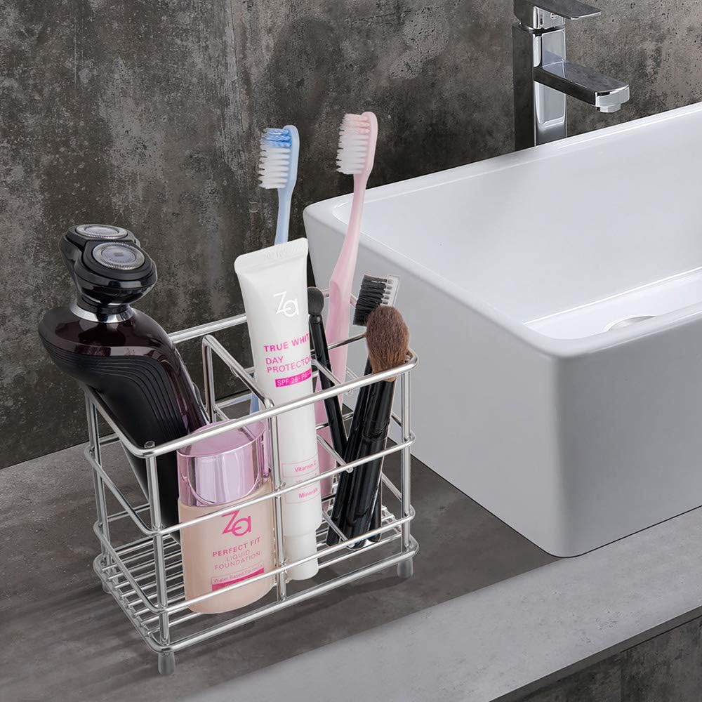 YONGJIE Stainless Steel Bathroom Toothbrush Holder Toothpaste Holder Stand, Wall-Mounted or Countertop Multi-Function Bathroom Storage Rack with Powerful Self-Adhesive: Home & Kitchen