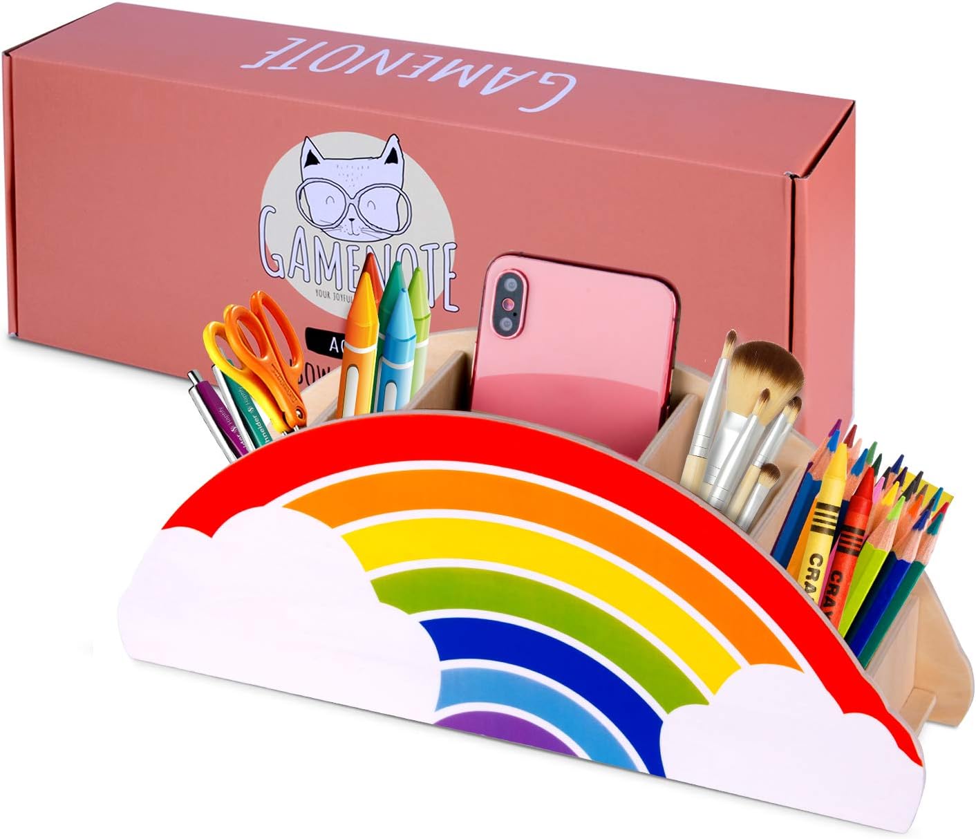 Gamenote Wooden Pen Holder & Pencil Holders - Rainbow Supply Caddy Phone Holder Desk Organizer for Office Supplies Makeup Brush Classroom Organization for Women & Kids: Home Improvement