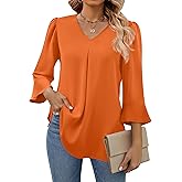 Funlingo Womens 3/4 Length Sleeve Tops Dressy Casual V Neck Business Chiffon Blouses Pleated Trendy Work Shirts