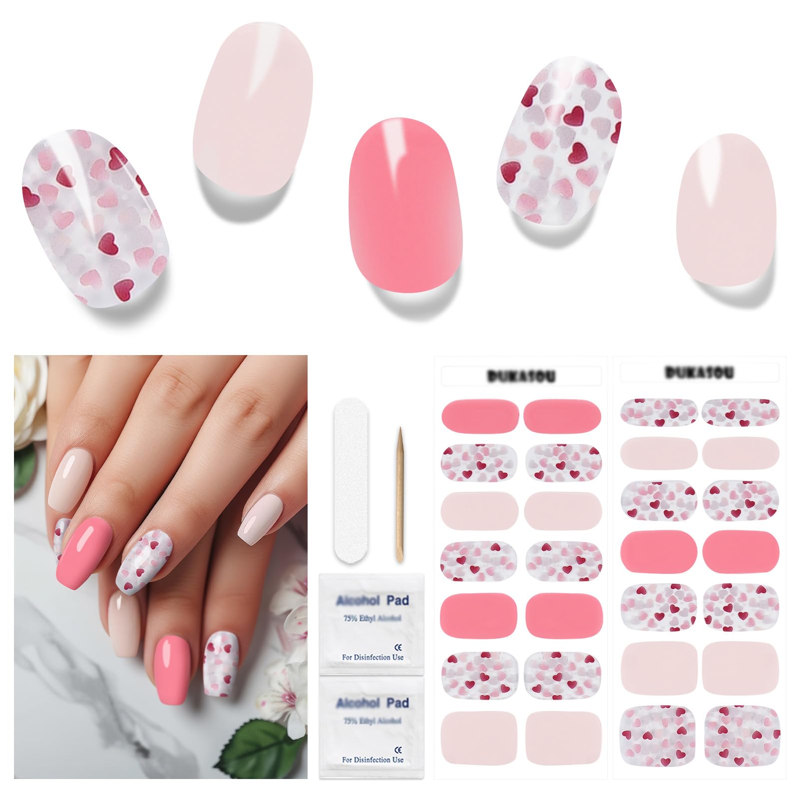 Semi Cured Heart Gel Nail Strips, 28 pcs, Work with Any UV Lamp, Long Lasting Nail Wraps for Valentine's Day, Salon Quality (Love Pink)