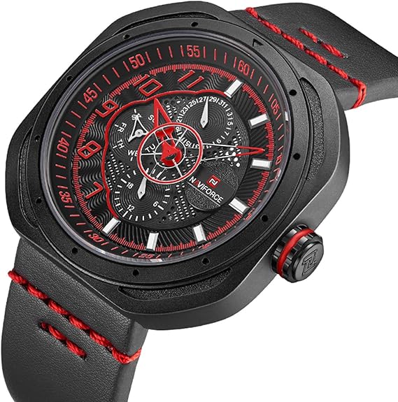 Amazon Co Jp 高級スポーツメンズ腕時計 ステンレススチールまたはレザー ビジネス日付 防水 スクエアクォーツウォッチ Black Leather Red 腕時計