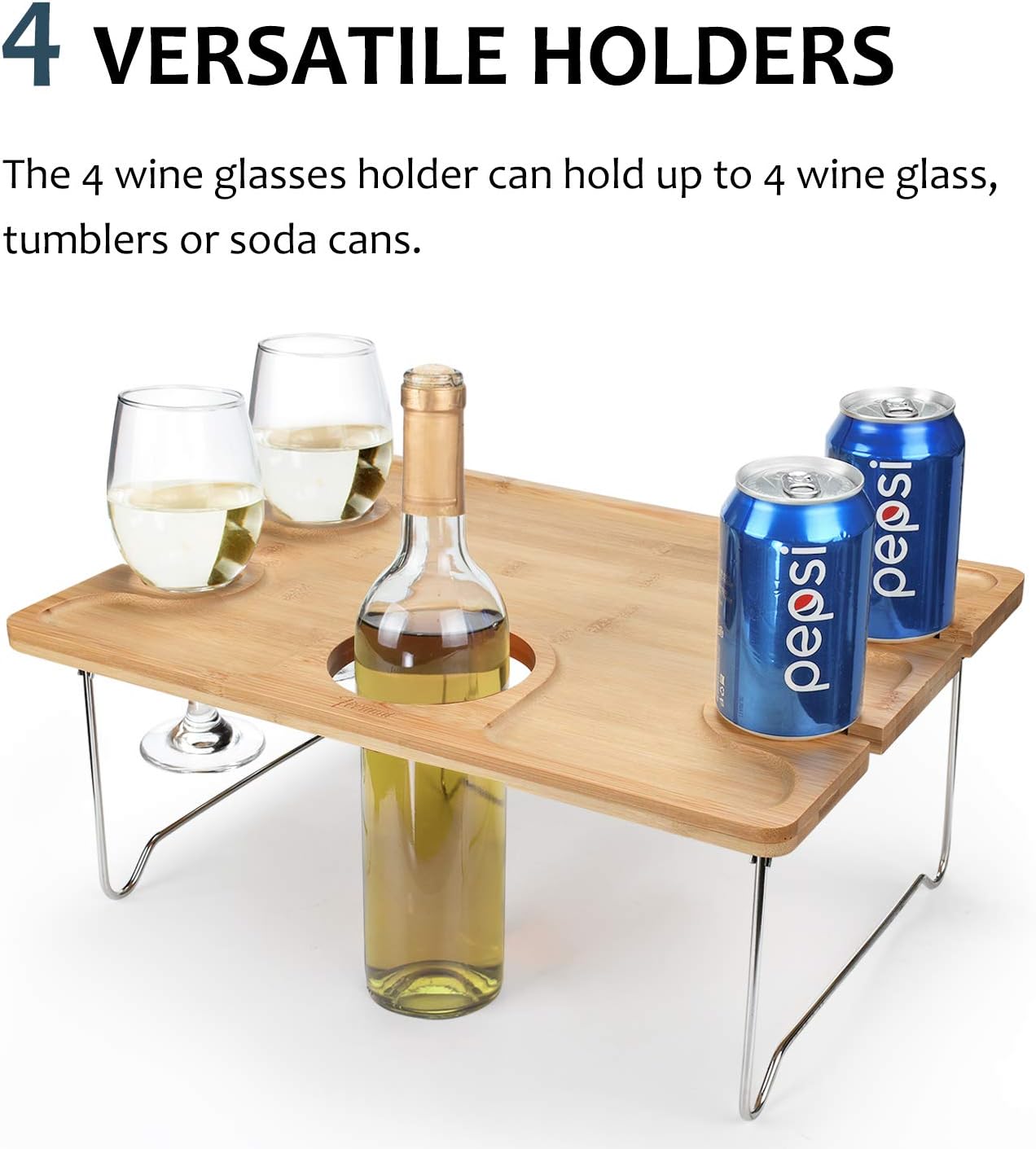 Tirrinia Outdoor Wine Picnic Table, Large Folding Portable Bamboo Snack & Cheese Tray with 4 Wine Glasses Holder for Concerts at Park, Beach, Ideal Wine Lover Gift : Garden & Outdoor