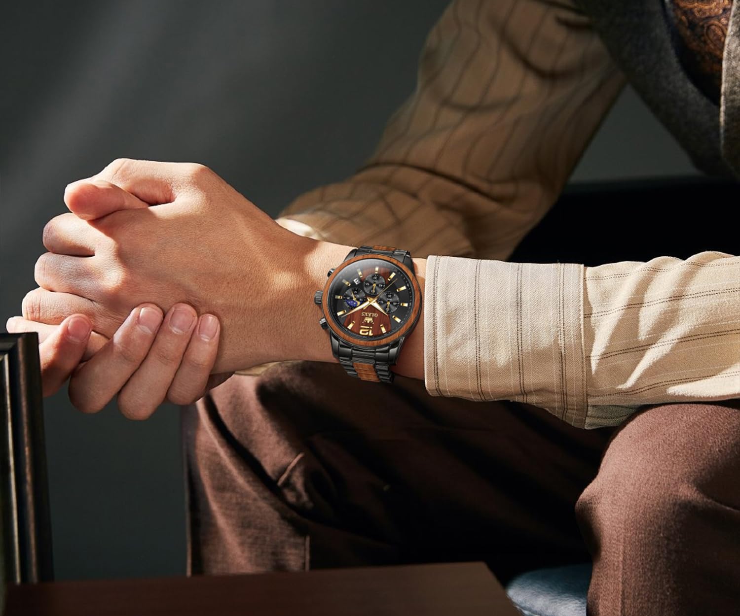 OLEVS Uhren Herren Echtholz Armband wasserdichte Quarzuhr Modische Business Freizeituhr 5