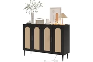 Rattan Sideboard Buffet Cabinet with Storage, Console Table Coffee Bar w/Power Outlet, 4-Door Cabinet with Adjustable Shelves