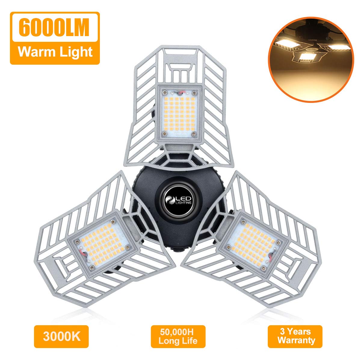 Triple Glow LED Garage Light 3000K Warm White Light 60W Shop Light