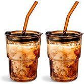 Olvini 13oz Glass Tumbler with Straw and Lid, 2pc Reusable Iced Coffee Cup, Thick Glass Cups for Water, Matcha, Iced Tea, Amber