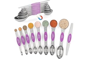 YAMOLIN Measuring Spoons Set of 9 Magnetic Measuring Spoons Dual Sided Stainless Steel Measuring Spoons Stackable Nesting Tablespoon Teaspoon, Fits in Spice Jars, for Dry or Liquid Ingredients (Purple)