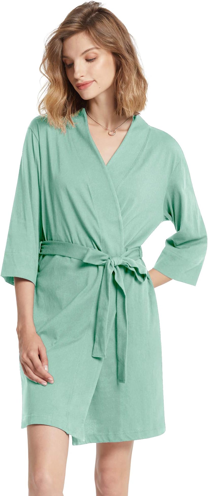 Women's Kimono Robes Cotton Lightweight Bath Robe Knit Bathrobe Soft Sleepwear V-Neck Ladies Nightwear