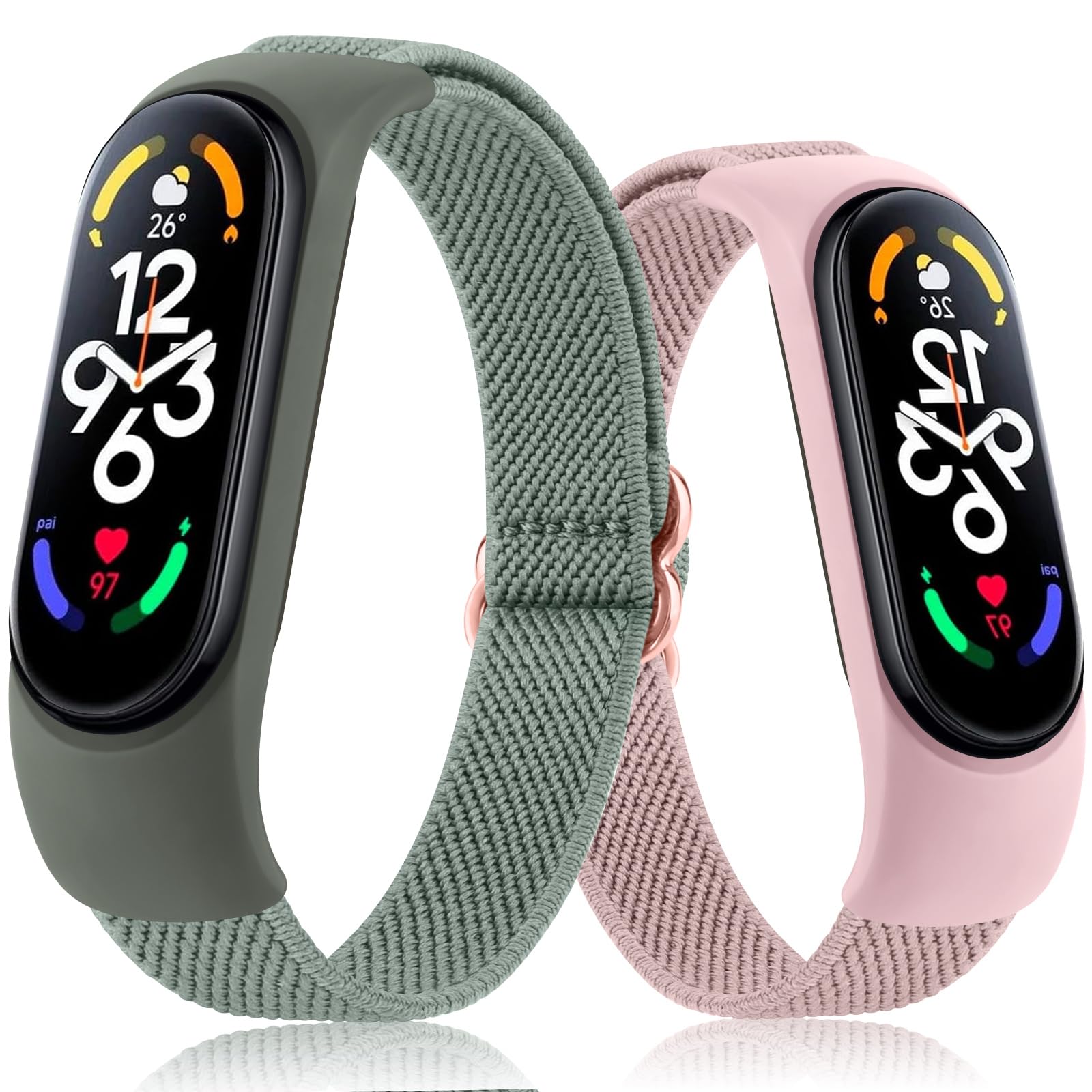 Mugust Adjustable Elastic Watch Straps Compatible with Xiaomi Mi Band 7/Mi Band 6/Mi Band 5/Mi Band 4//Mi Band 3 Strap,Stretchy Nylon Sports Band for Xiaomi Mi Band 7/6/5/4/3 Men Women (Pink/Green)
