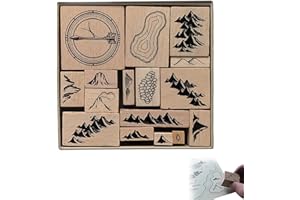 Handmade Map Making Stamp Kit, Vintage Map Stamp, Wooden Rubber Stamps Set with Compass Mountains & Scenery, Outdoor Scenery 