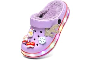 XPKWS Fur Lined Toddler Clogs Kids Slippers Fuzzy Light up Sandals Boys Girls Garden Shoes Winter Warm Cartoon Slides Slip on Lightweight