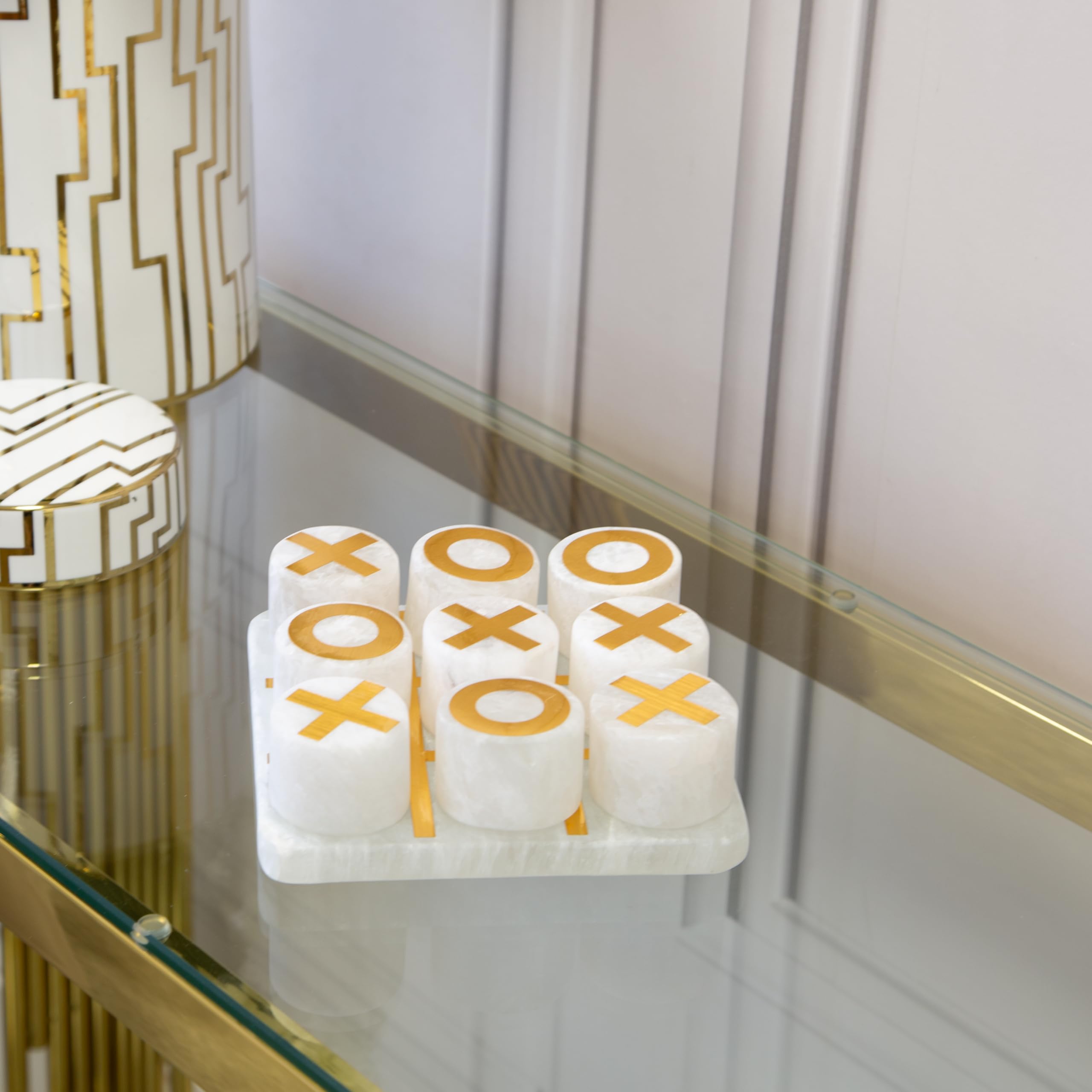 White Natural Stone & Gold Accents Tic Tac Toe Game Coffee Table Decor Home Accent Board Game
