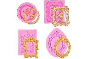 4 Pcs Photo Frame Fondant Mold Set for Chocolate, Pink Silicone Frame Clay Lace Molds for Birthday Wedding Party Cake Decorat
