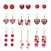 Valentines Earrings for Women 6/9 Pairs Valentine Heart Earrings Set Red XO XO LOVE Tassel Long Dangling Earrings Handmade Pink Heishi Beaded Hoop Stud Earrings Glitter Rhinestone Pearl Studs Valentine’s Holiday Gift