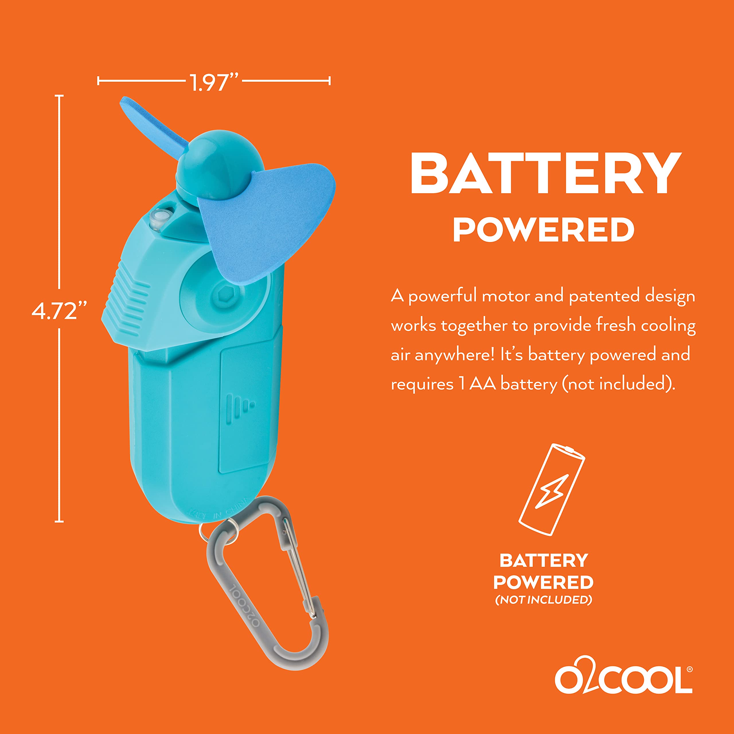 O2COOL Keychain Sport Misting Fan - Pocket Size Battery Powered Portable Handheld Fan With Carabiner Clip and Mister 2 Pack (Teal)