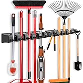 IMILLET 2 Pack Mop and Broom Holder, Wall Mounted Organizer Mop and Broom Storage Tool Rack with 5 Ball Slots and 6 Hooks (Black)