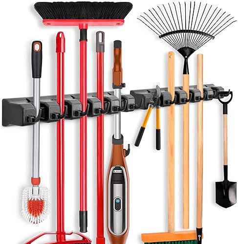 Racks, Shelves & Drawers - IMILLET 2 Pack Mop and Broom Holder, Wall Mounted Organizer Mop and Broom Storage Tool Rack with 5 Ball Slots and 6 Hooks (Black)