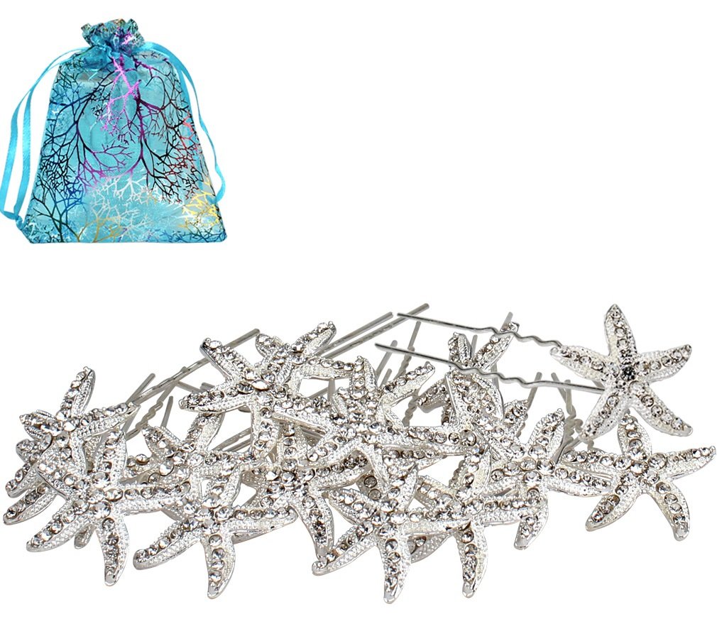 Jaciya 18 Pack Bride Crystal Rhinestone Starfish Hair Pin Hair Jewelry Hair Accessories Women Headwear Headdress for Beach Themed Wedding,Party, Daily Use