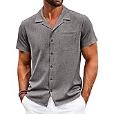 Runcati Mens Button Down Shirt Short Sleeve Cuban Casual Shirts Summer Beach Vacation Wedding Tops with Pocket