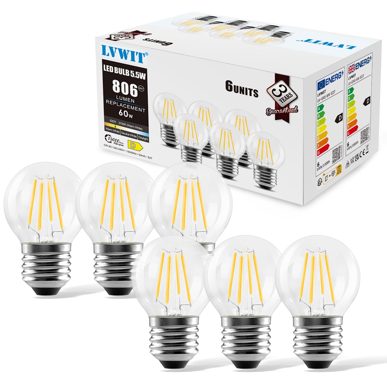 LVWIT E27 LED Filament Bulb,5.5W LED Vintage Globe Bulbs,E27 Edison Screw Bulbs,Golfball Mini Globe Bulb 60W Equivalent, 806Lm, Warm White 2700K, Not-dimmable(6 PCS)