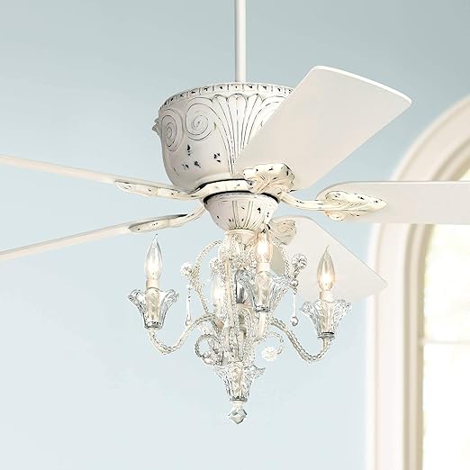 52" Casa Deville Country Cottage Vintage Chic Ceiling Fan with Light LED Crystal Chandelier Antique Rubbed White for House Bedroom Living Room Home Kitchen Family Dining Office - Casa Vieja - - A...