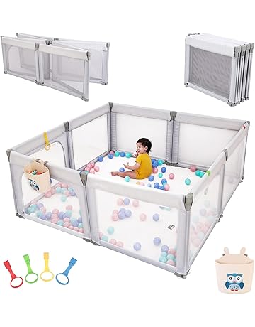 Preneo Foldable Baby Playpen, Play Pens for Babies and Toddlers, with 4 Pull Rings and 1 Storage Box, Large Playards for Easy Installation and Storage, Material Safety and Stability.