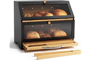 MAISONPEX Double Layer Bamboo Bread Box for Kitchen Countertop, Large Capacity, Cutting Board, Stainless Steel Bread Knife, D