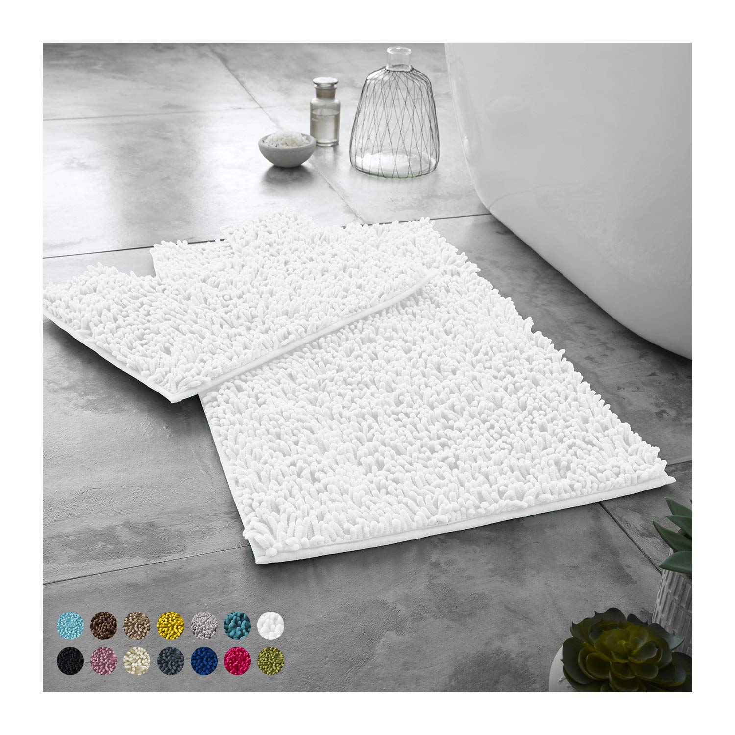 Lions Luxury 2 Piece Loop Bath Mats for Bathroom - Non Slip Chenille Bath Mat Set Rugs, Extra Soft with Water Absorbent Pedestal Bathmat Shower Toilet Mat, White